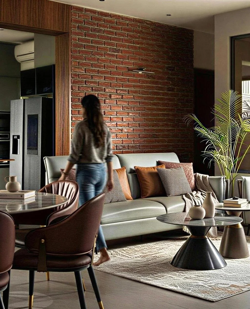 A modern living room with a brick accent wall, a gray sofa with multiple pillows, a woman walking by, a round wooden dining table with pink chairs, a coffee table with decorative vases, a large green plant in a pot, and a window with sunlight.