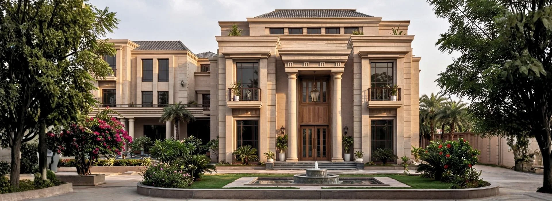 Large luxurious mansion with neoclassical architecture, multiple tall windows, decorative columns, and landscaped front yard with a fountain and lush greenery.