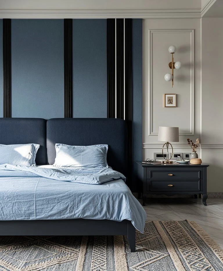 A bedroom with a dark blue bed, light blue pillows, and white bedding. There is a nightstand with a lamp and decorative items. The wall features modern lighting and vertical paneling.