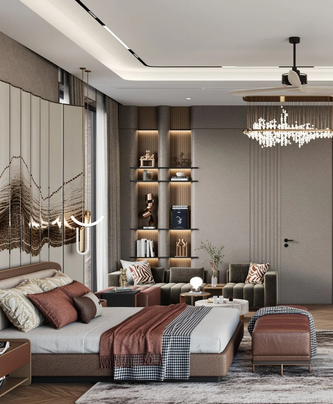 Interior of a luxurious building lobby with marble flooring, modern staircase, decorative sculptures, and stylish seating. A winding gold chandelier hangs from the ceiling.