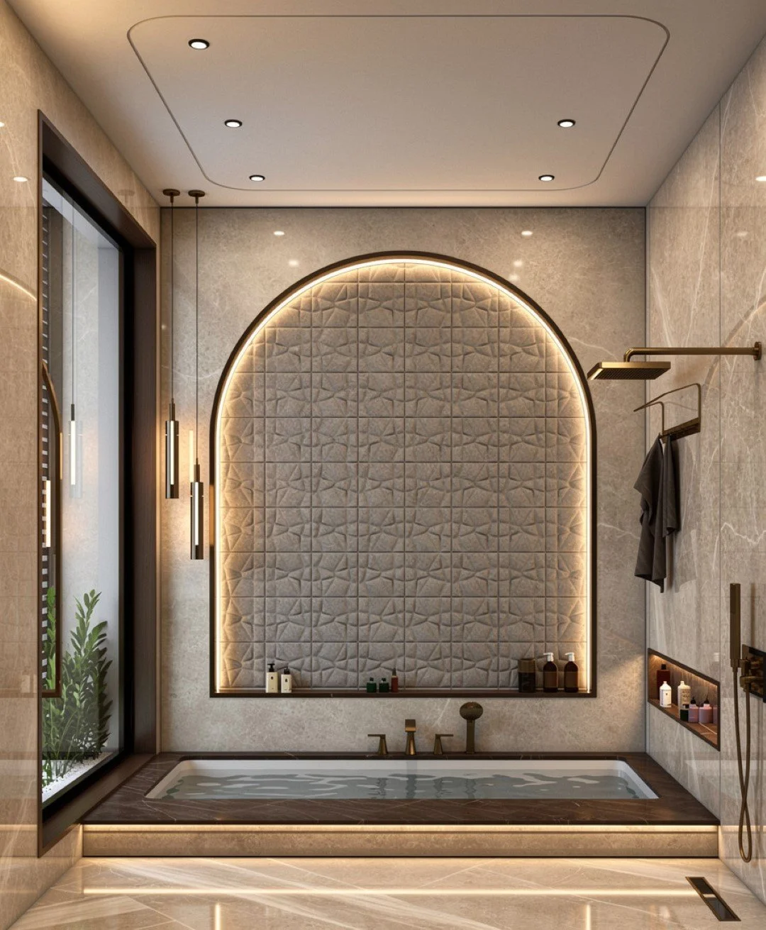 Modern bathroom with a built-in bathtub, decorative quilted wall panel, and ambient lighting.