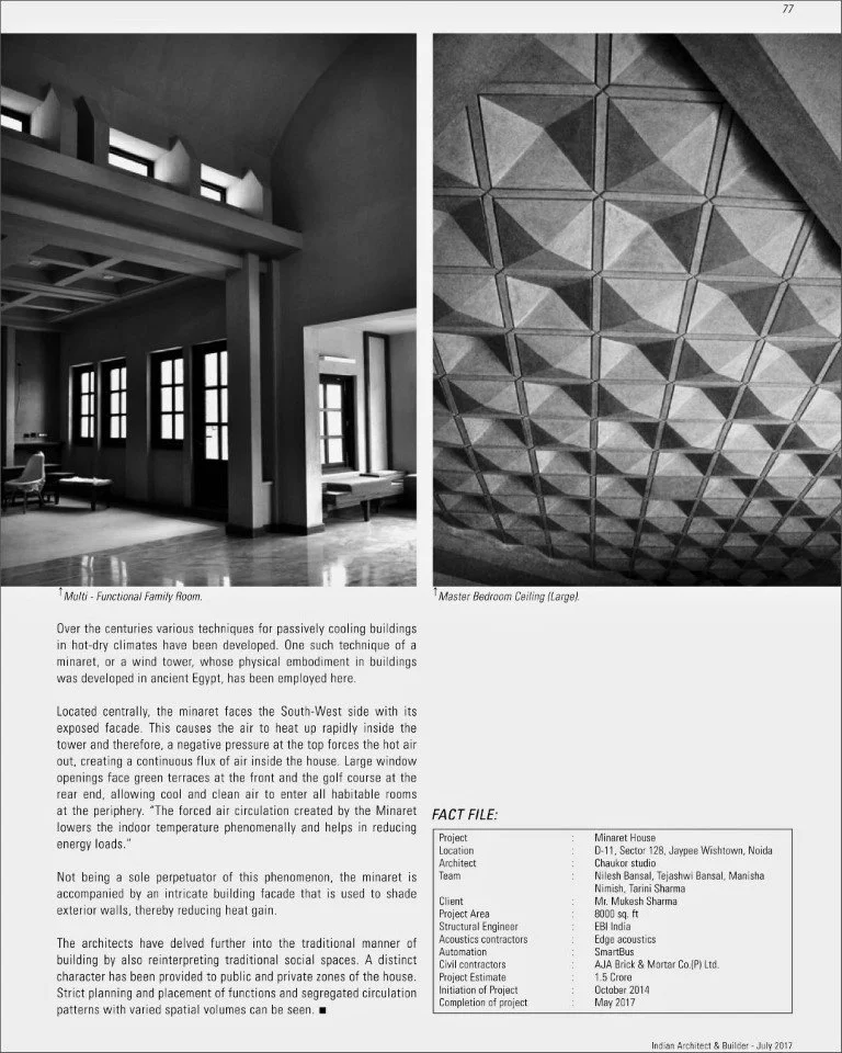 Two black and white images of architectural interiors. The left image shows a multi-functional family room with large windows and a loft area with a railing. The right image shows a large bedroom ceiling with a geometric diamond pattern.