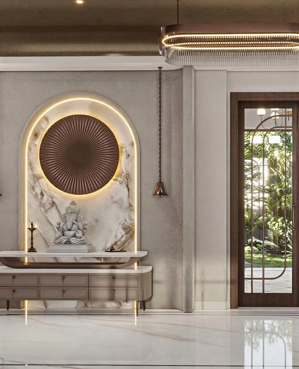 Elegant interior with a marble statue on a console, circular art piece with backlit elements, and a glass door with greenery outside.