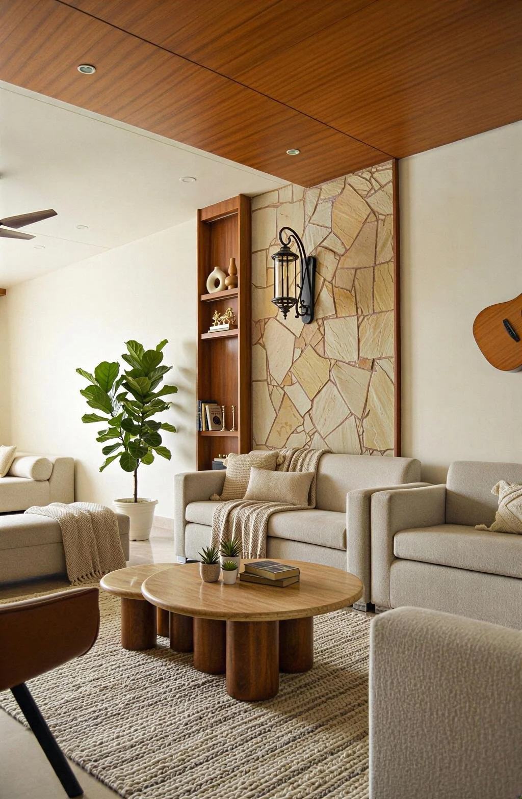 A cozy living room with beige sofas, a wooden coffee table with plants and books, a tall potted plant, and decorative items on a wooden shelf. There's a stone accent wall and a guitar on the wall.