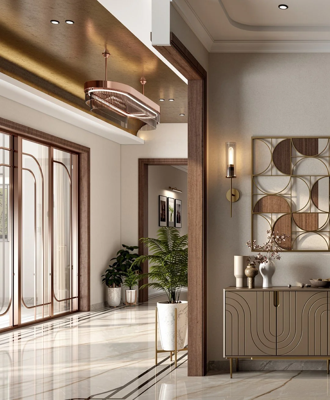 Modern interior space with a ceiling light fixture, a wooden doorway, decorative wall art, a beige sideboard with vases, and potted plants, all featuring neutral tones and natural materials.