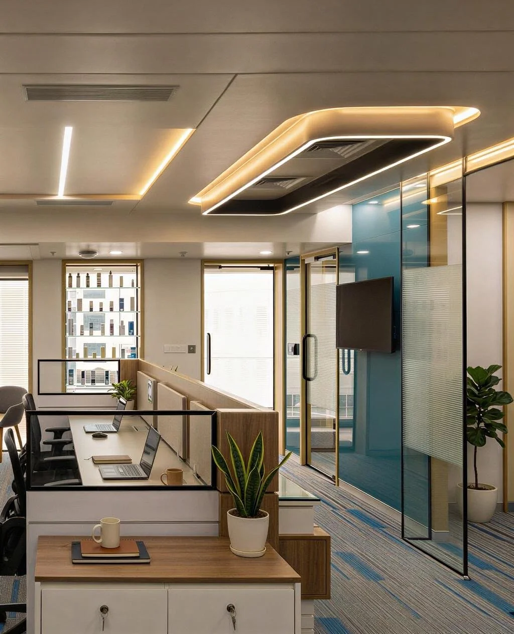 Modern office space with workstations, laptops, potted plants, a wall-mounted TV, glass doors, and large windows with city views.