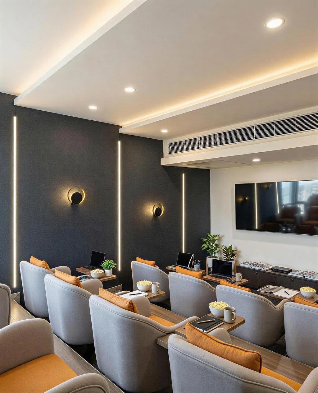 A modern conference room with grey armchairs, small desks, and laptops. The walls are dark with vertical LED strip lighting and round wall-mounted lights. There are potted plants, bowls, notebooks, and coffee mugs on the desks. A large flat-screen TV