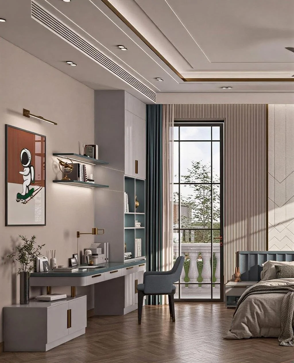 Modern bedroom corner with a desk under a large window, decorated with artwork, books, and decor, with a bed partially visible.