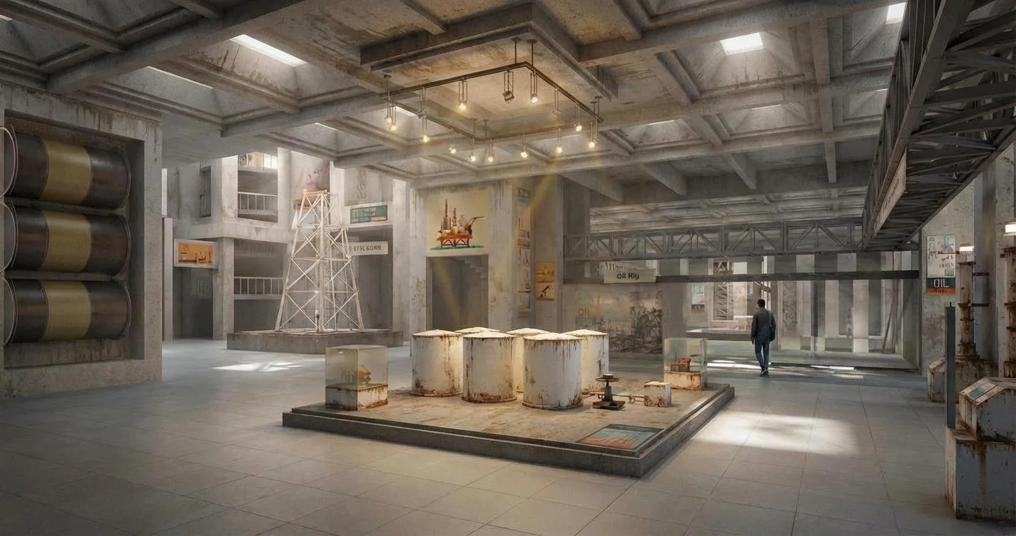 An industrial museum exhibit with rusty oil drums, old machinery, and signs related to oil and drilling in a large, concrete building.