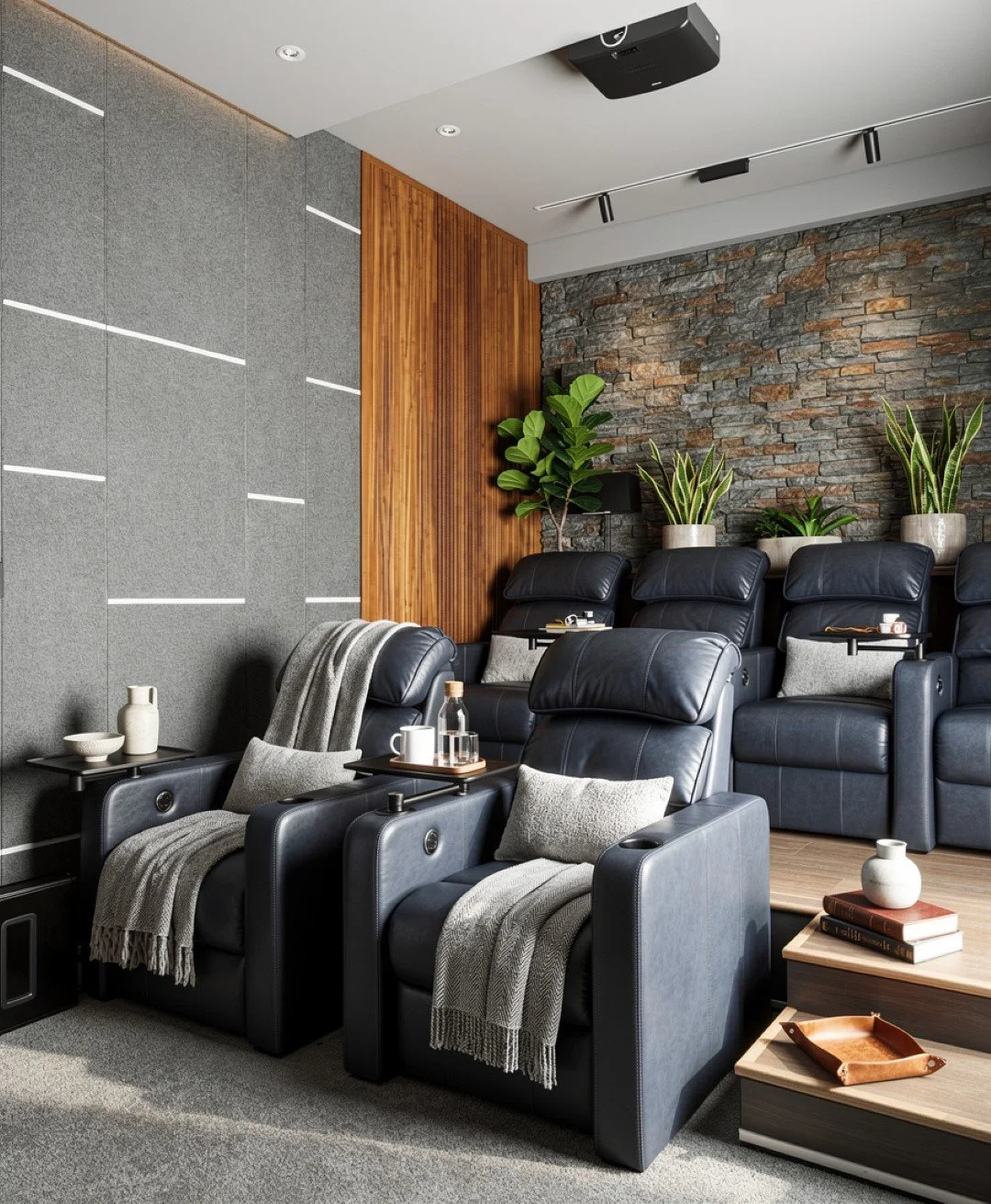 A modern home theater room with black leather recliner chairs, some with gray blankets and pillows, placed on a wooden platform. The room has a stone accent wall with potted plants and wooden paneling on the side wall, with a projector mounted on the