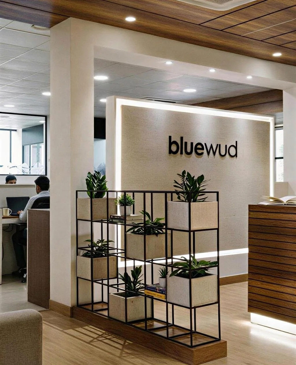 Interior of an office with a beige partition wall that reads "bluewud," and a shelving unit with potted plants. In the background, two people are working at their desks.
