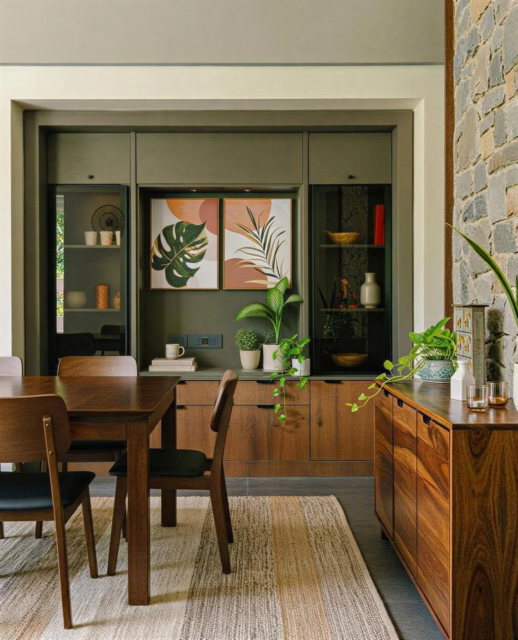 A dining room with wooden furniture, decorated with green plants, framed botanical art, and ceramic vases.