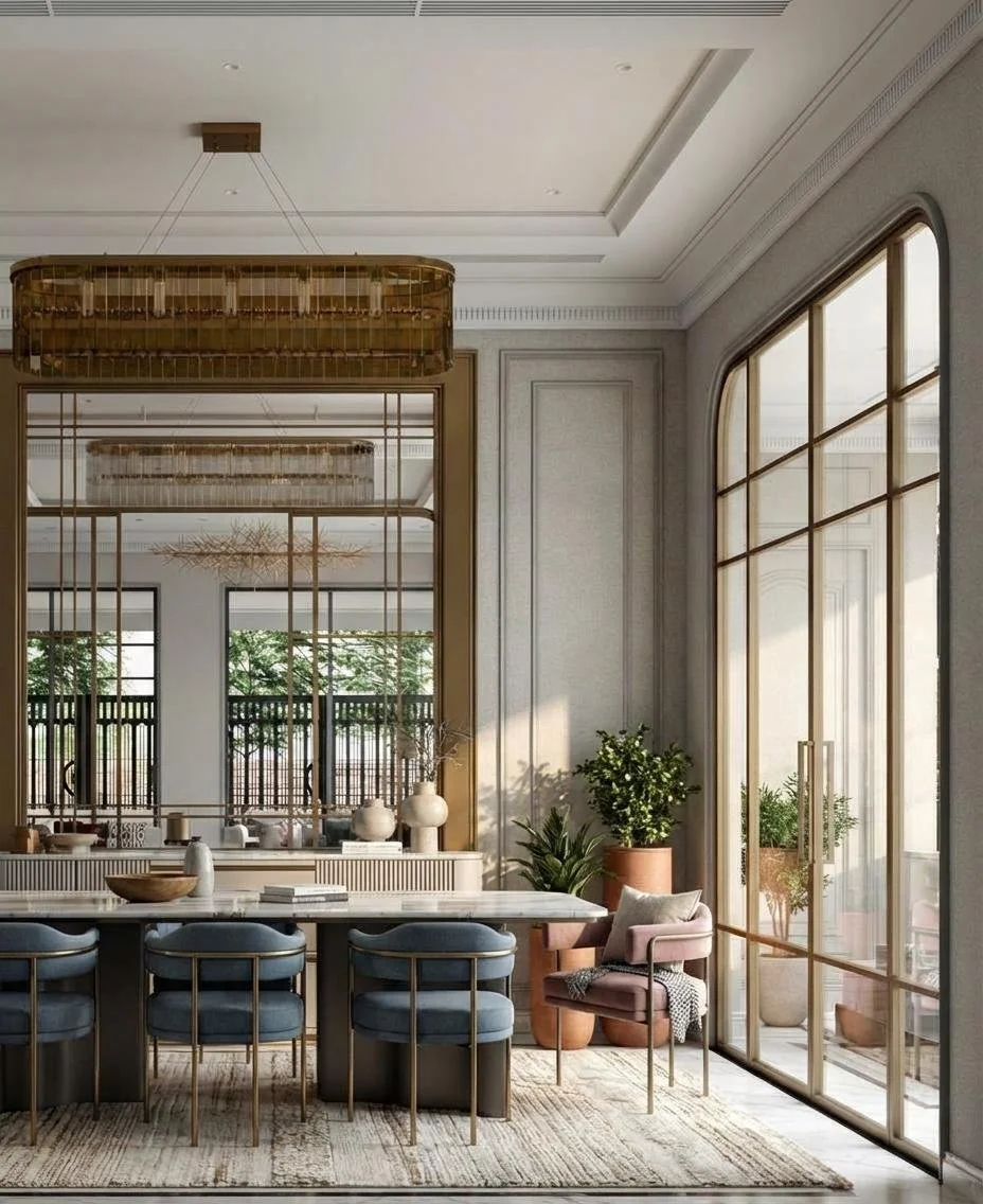 Elegant dining room with white paneled walls, a dark marble dining table, six white chairs with gold accents, a floral painting on the wall, a large chandelier, and minimalist wall-mounted lighting fixtures.