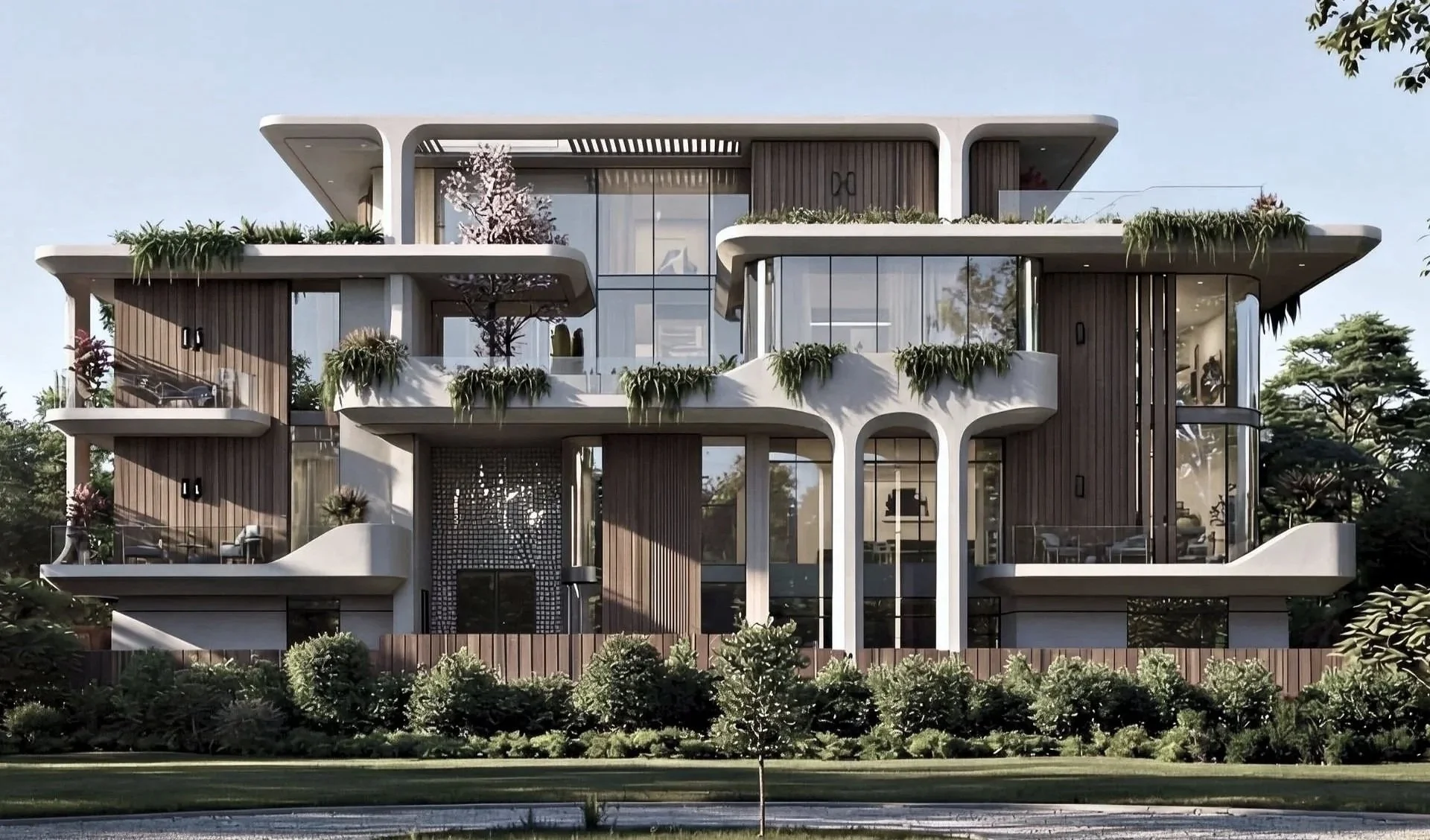 Modern multi-story house with large glass windows, curved balconies, wooden panels, greenery on balconies, and surrounding trees and shrubs.
