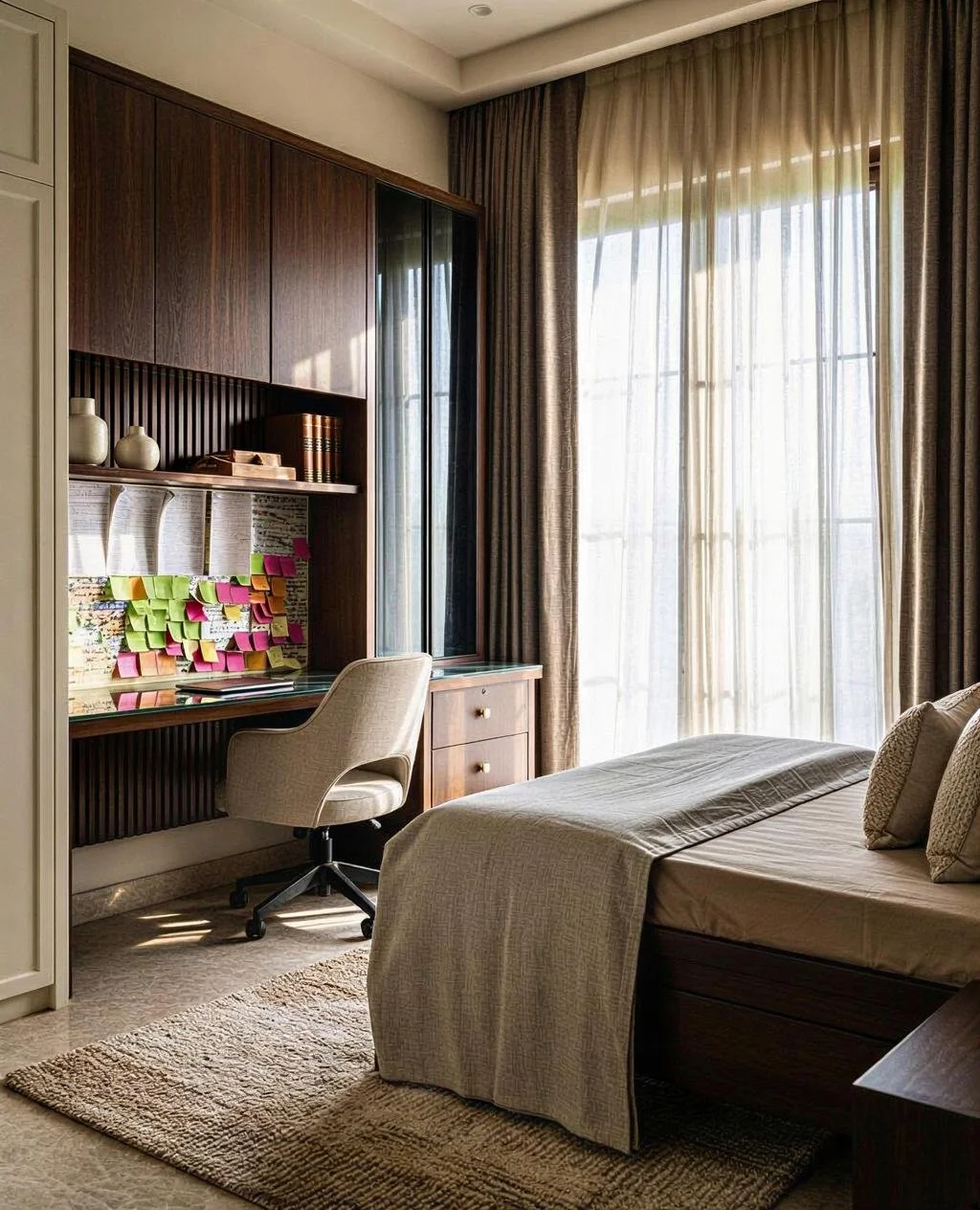 A bedroom with a bed, a desk with sticky notes, and a window with curtains letting in natural light.