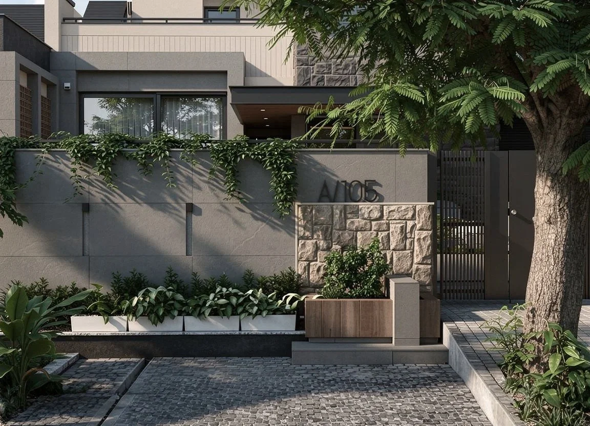 Modern house entrance with a stone wall, greenery, and a black gate