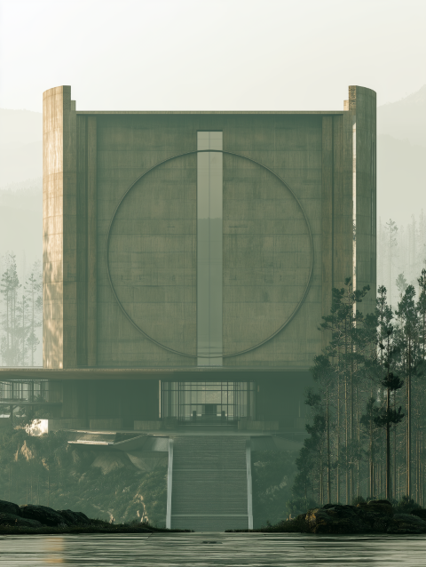 Modern concrete building with a large circular design on its front, surrounded by trees, with a staircase leading up to it.