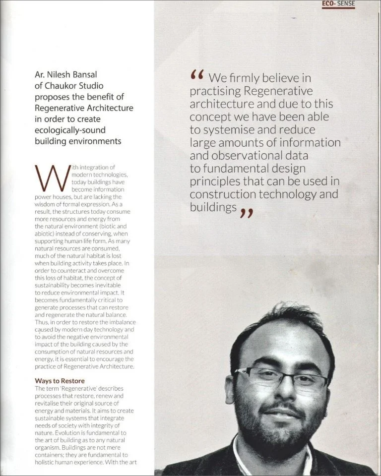 A page from a publication discussing regenerative architecture and its benefits, featuring a quote about practicing regenerative architecture and an image of a man with glasses and a beard.