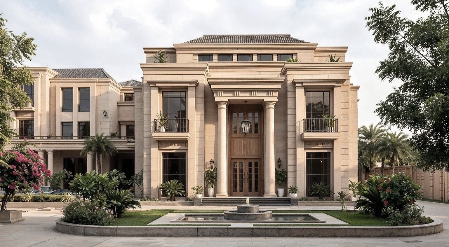 Luxury mansion with grand entrance and landscaped garden with fountain