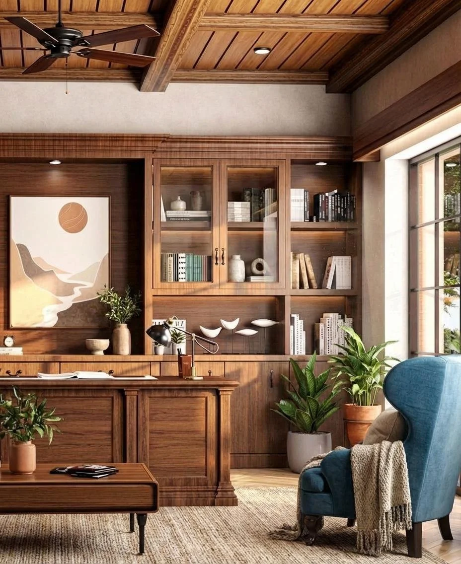 A cozy living room decorated with wooden built-in shelves filled with books and vases, a beige sofa with pillows, a potted plant, a blue armchair, a wooden coffee table with decorative objects, and natural sunlight streaming through a large window.