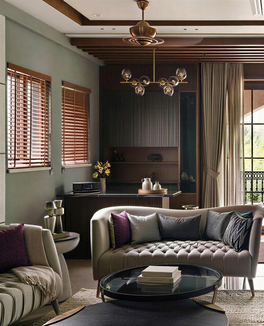 Living room with beige tufted sofa, purple and gray throw pillows, a black glass coffee table with books, a round side table with gold decor, a dark wood cabinet, a chandelier with glass globes, wooden blinds, and large windows with curtains.