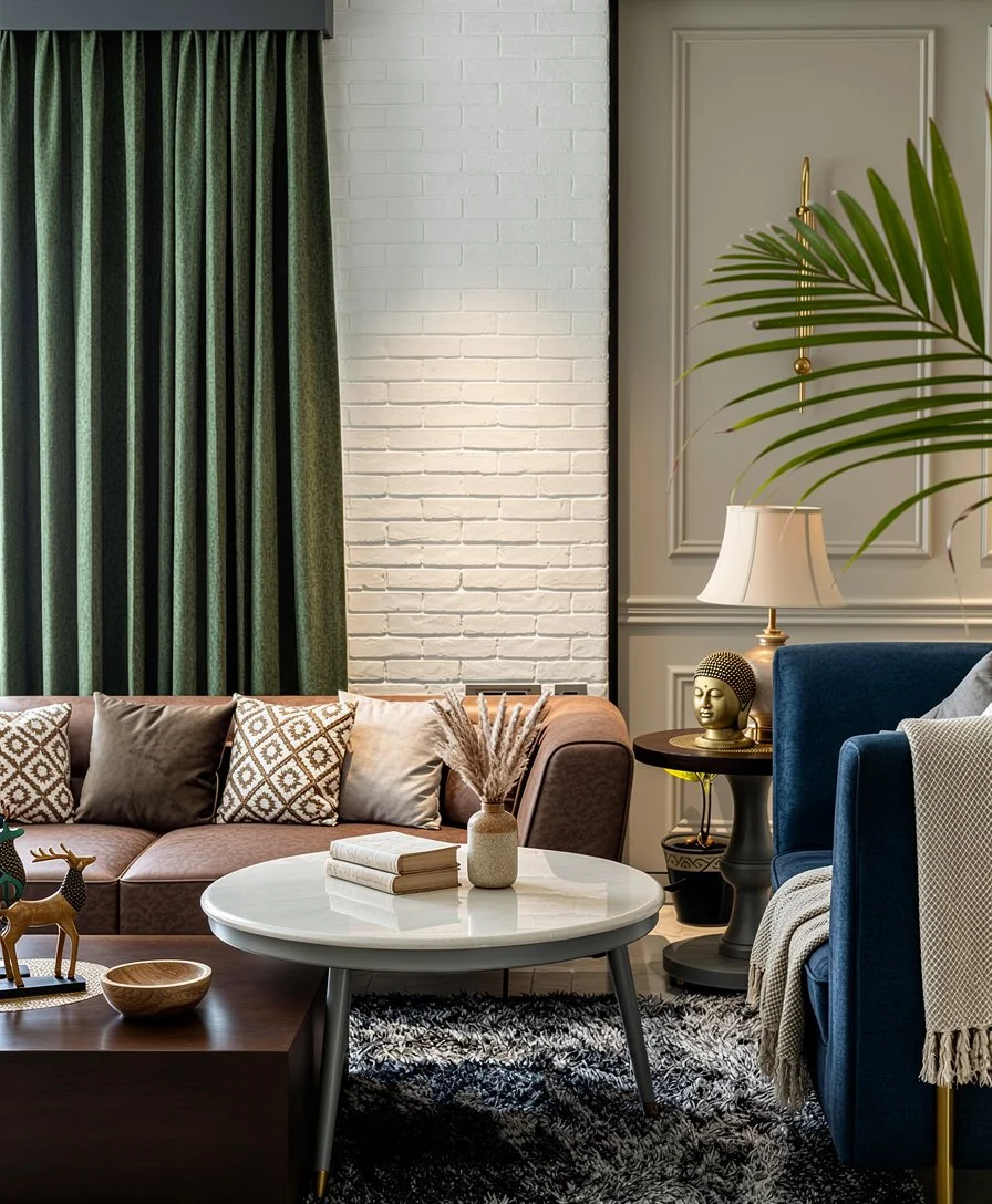 Living room with a pink couch with various patterned pillows, a white round coffee table with books and a vase of pampas grass, green curtains, a side table with a lamp and Buddha head sculpture, and a blue armchair with a beige throw blanket.