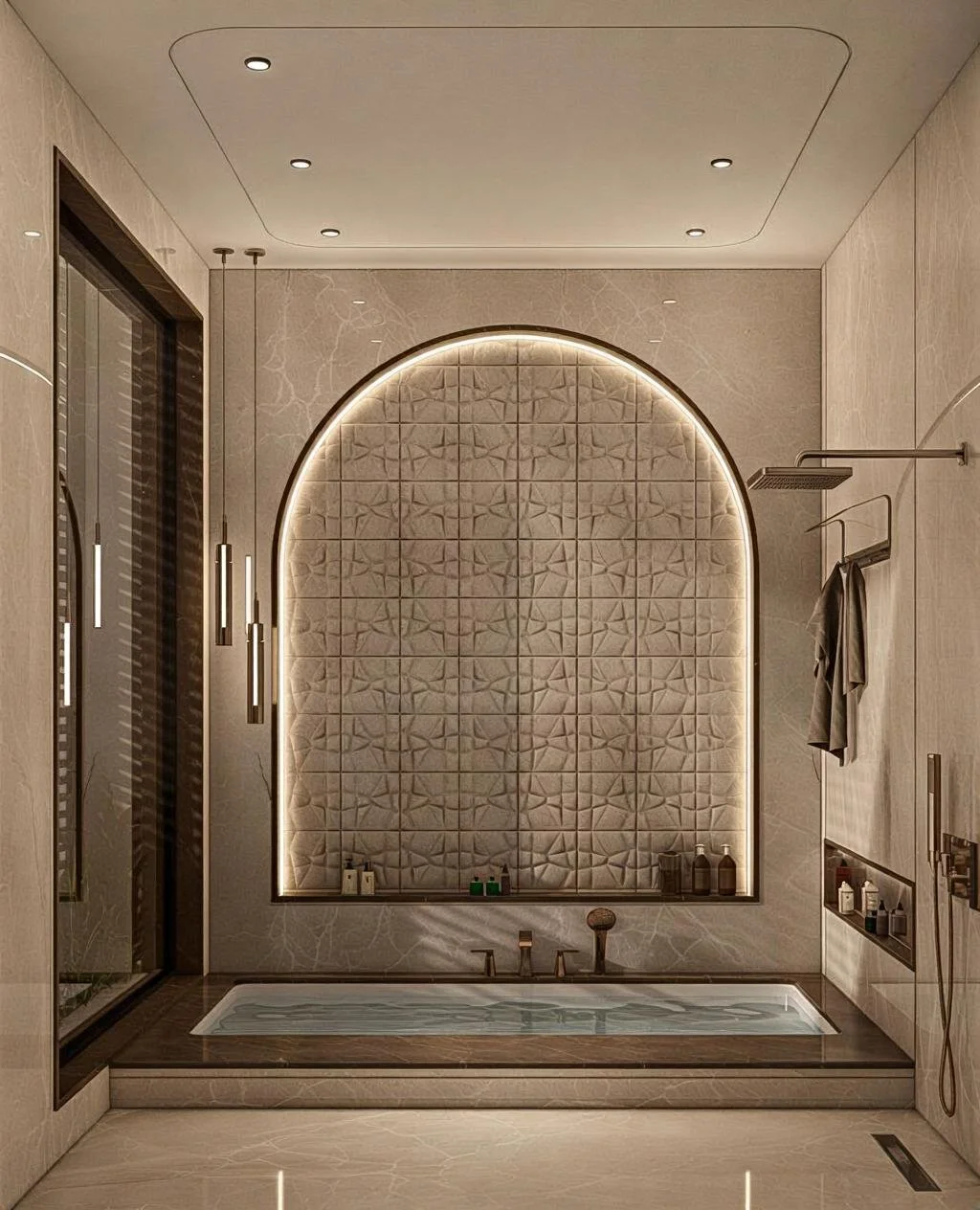 Modern bathroom with a built-in bathtub, decorative quilted wall panel, and ambient lighting.