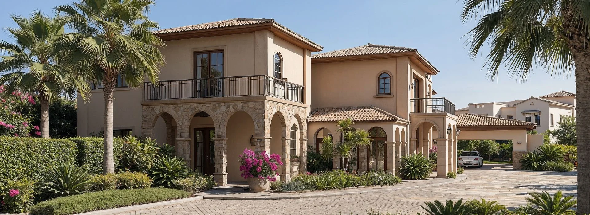 A large, elegant two-story house with arches, stone accents, balconies, a tiled roof, and a driveway with a white luxury car. The front yard has green plants and trees; some puddles suggest recent rain.
