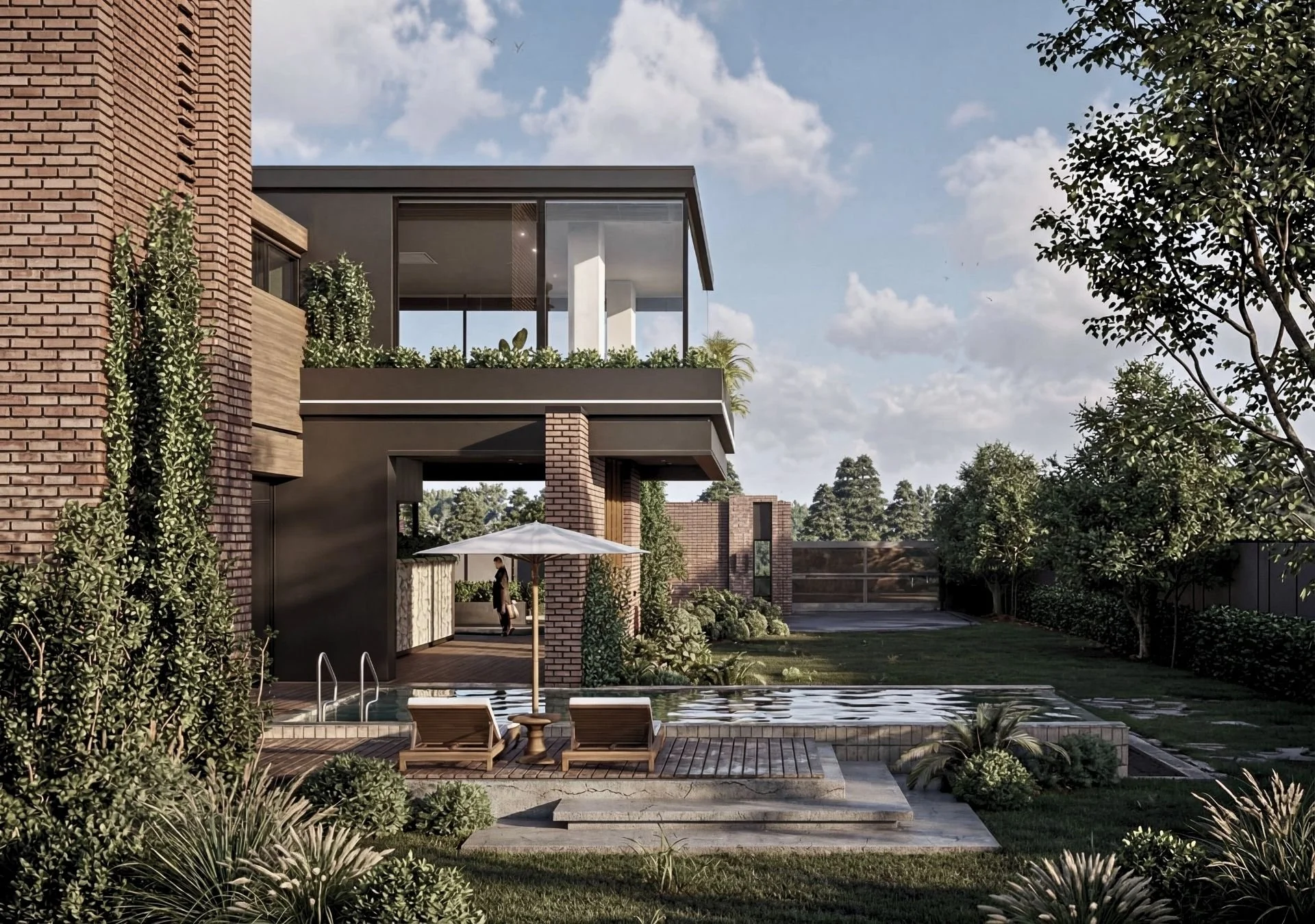 Modern house with balcony, swimming pool, lounge chairs, umbrella, and landscaped yard with trees and shrubs, under a partly cloudy sky.