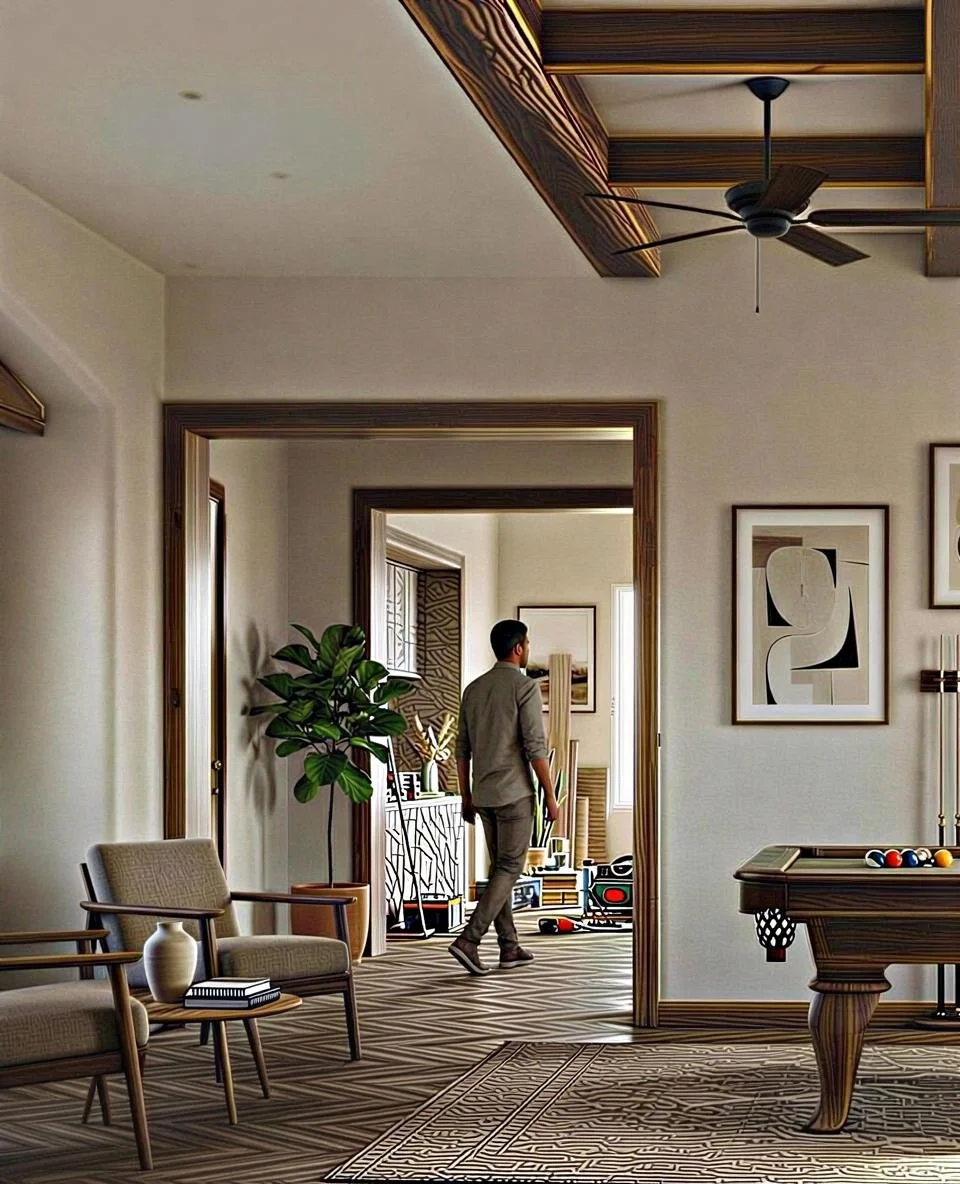 A man in a gray suit walking through a doorway into a room decorated with modern artwork, a large potted plant, and a pool table in a stylish interior.