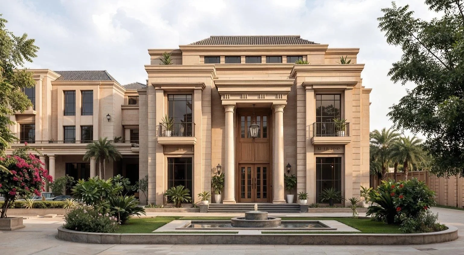 Luxury mansion with grand entrance and landscaped garden with fountain