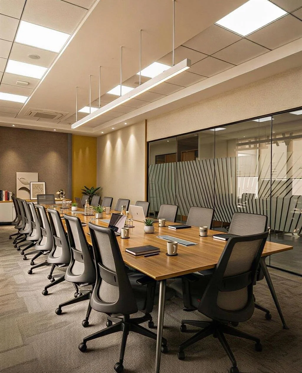A modern conference room with a long wooden table, multiple ergonomic chairs, and glass partitions.