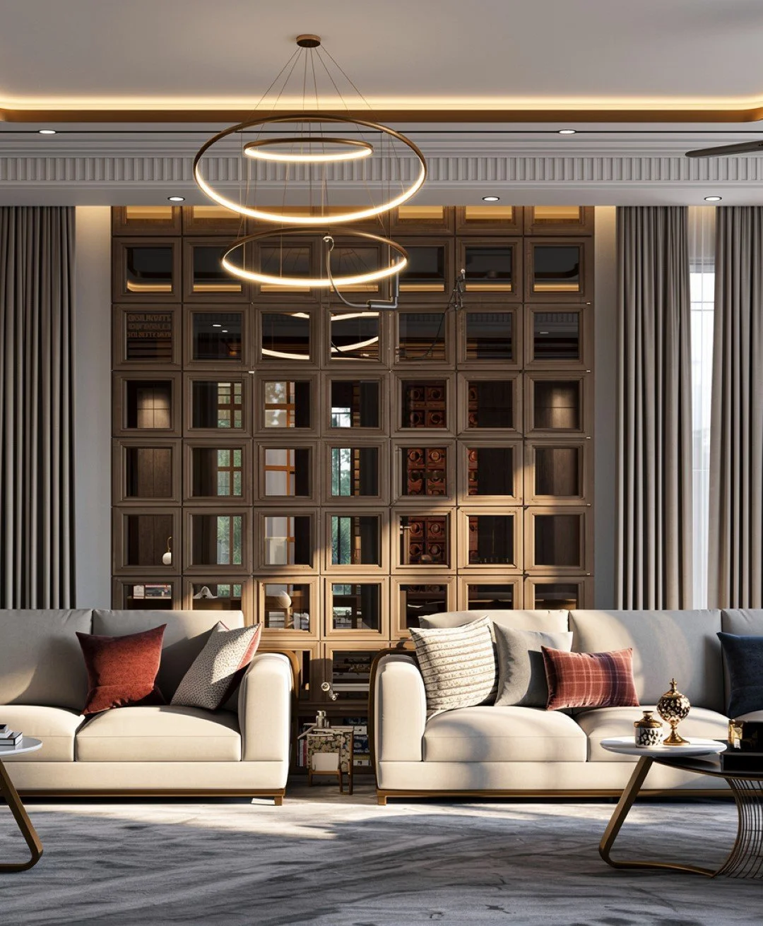 Modern lobby area with large glass windows, staircase, and decorative lighting fixtures.