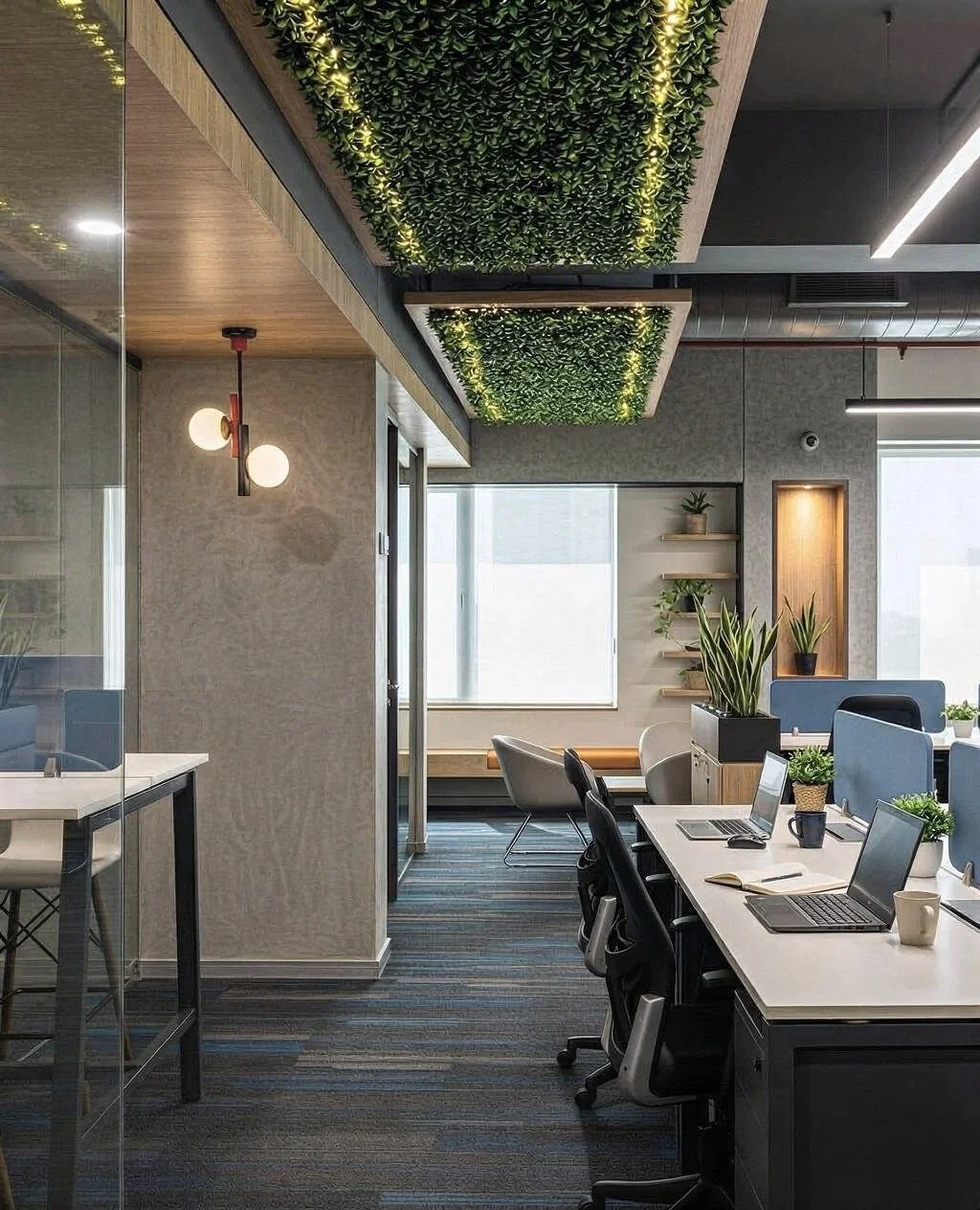 Modern office space with workstations, laptops, potted plants, and decorative lighting fixtures. Greenery is present on ceiling and shelves.