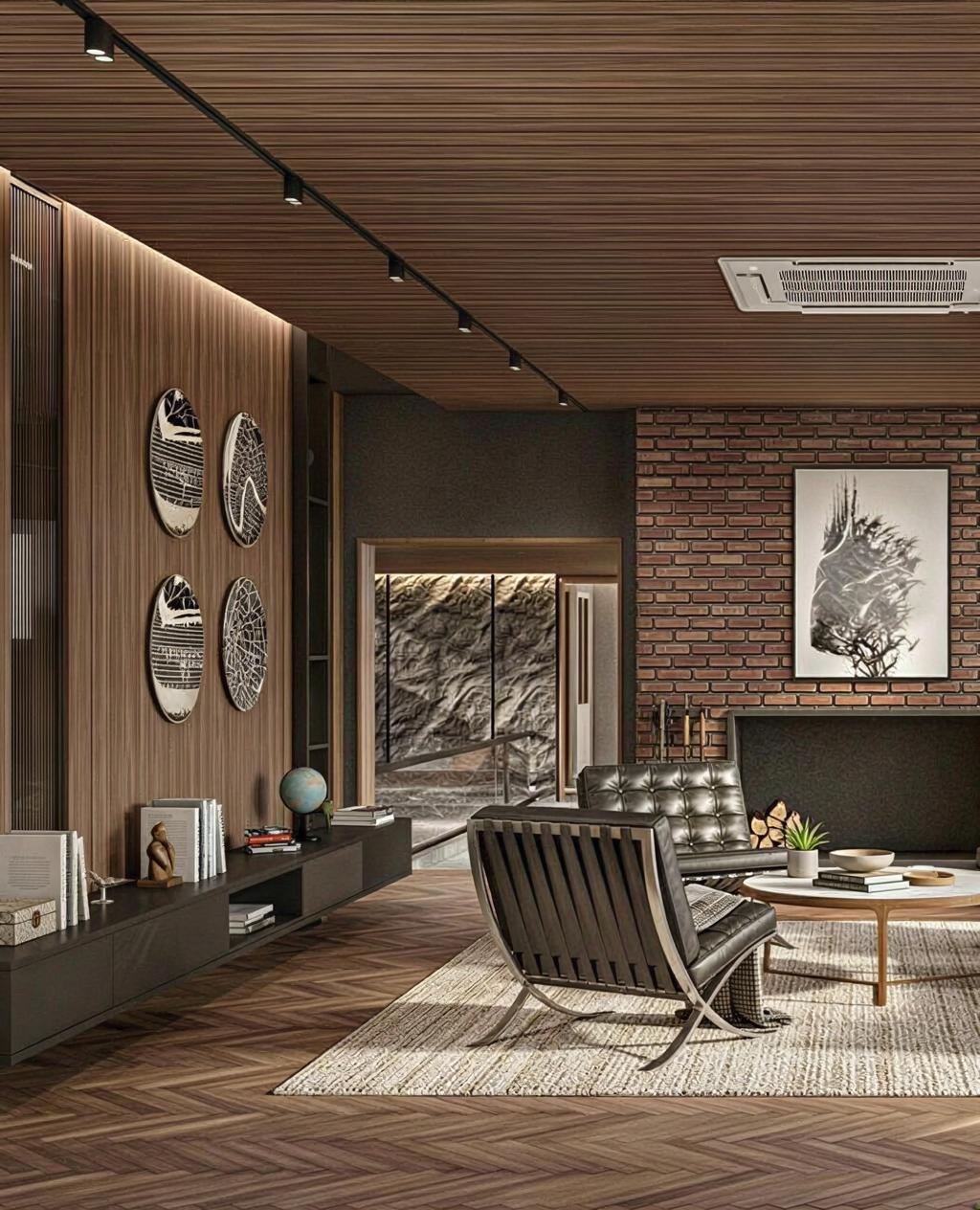 Modern living room with wooden panel ceiling, brick wall, black leather sofa, wooden armchair, coffee table, and artwork on the walls.