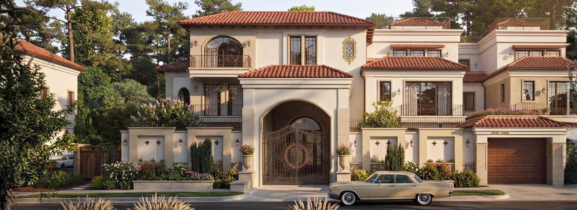 A large luxury house with a gated entrance, multiple balconies, red-tiled roofs, and lush landscaping, with a vintage beige car parked in front.