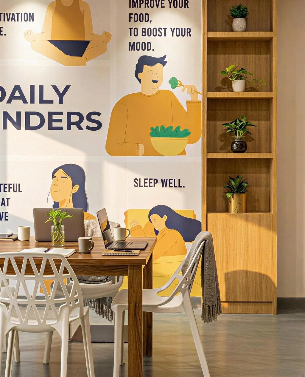 Wall mural with illustrations of people eating salads, with motivational text about health and well-being, next to a wooden bookshelf with potted plants, in a modern workspace or cafe setting with a table, laptops, and cups.