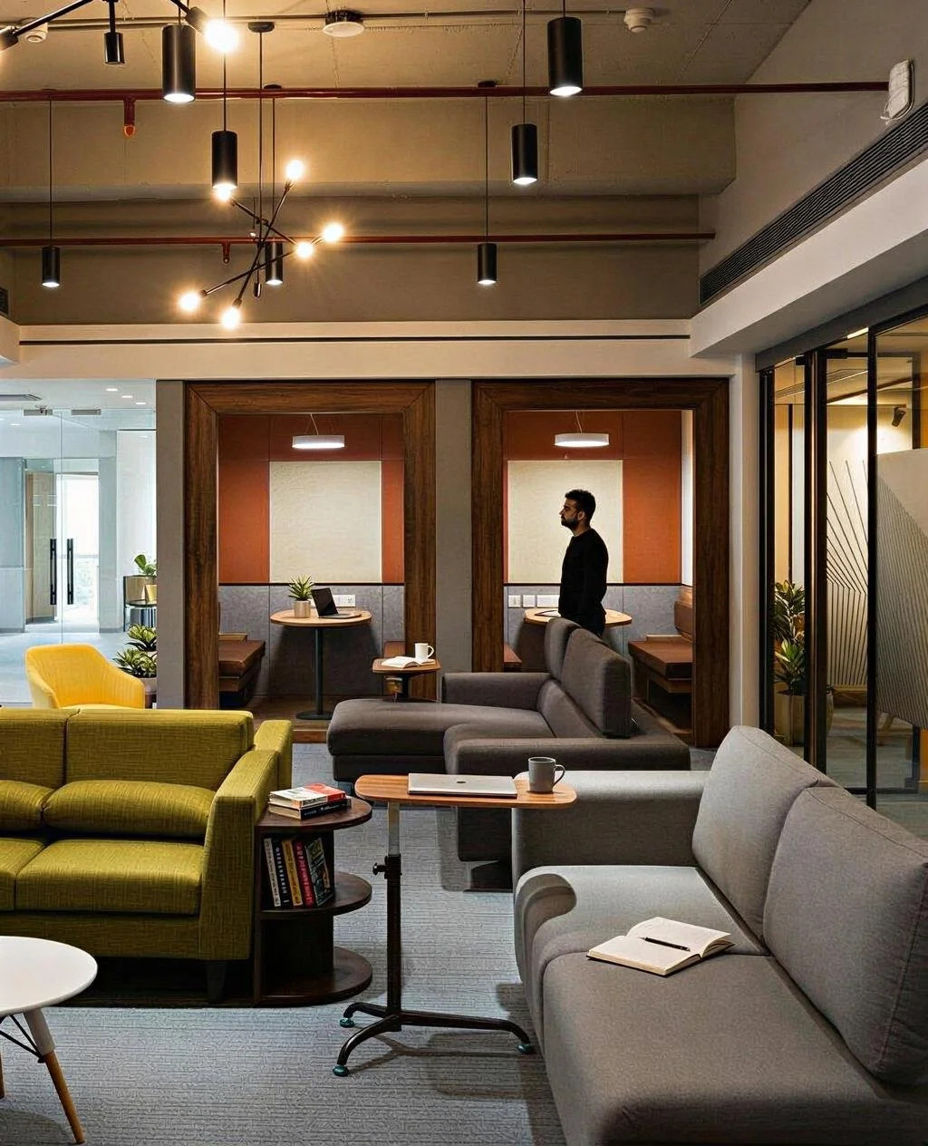 Modern coworking space or lounge with colorful sofas, small tables, and a man standing near booths in the background.