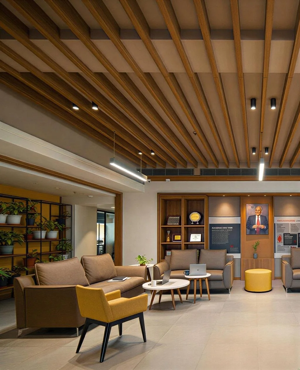 Modern office lounge with beige sofas, a yellow armchair, a white circular table with laptops, bookshelves, plants, and a portrait on the wall, under a wooden slat ceiling with ceiling lights.