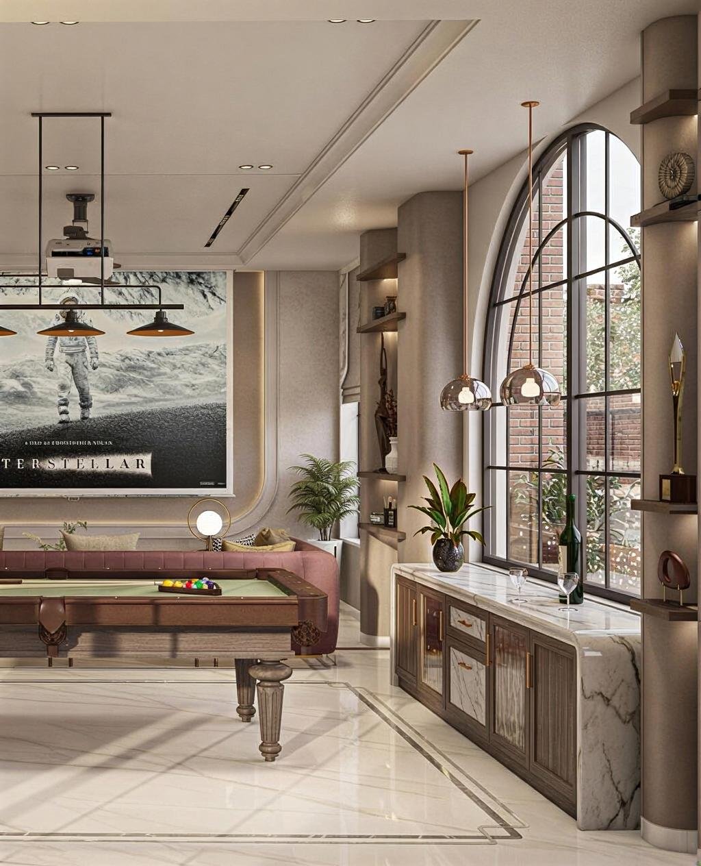 Modern living room with a pool table, large arched window, plants, and a flat screen TV displaying an astronaut on the lunar surface.