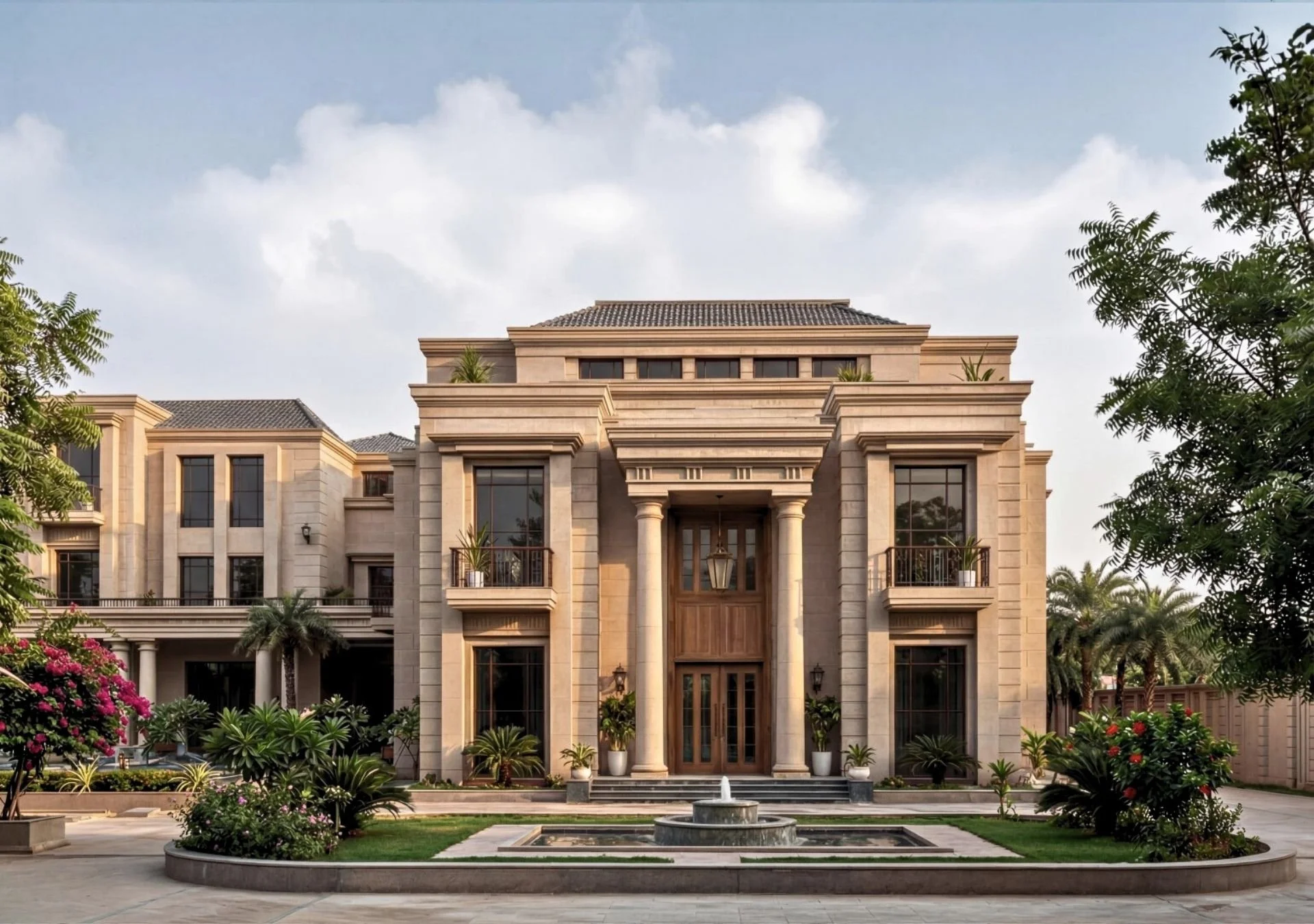 A large, elegant mansion with a grand entrance, columns, and a fountain in the front yard, surrounded by lush greenery and flowering plants.