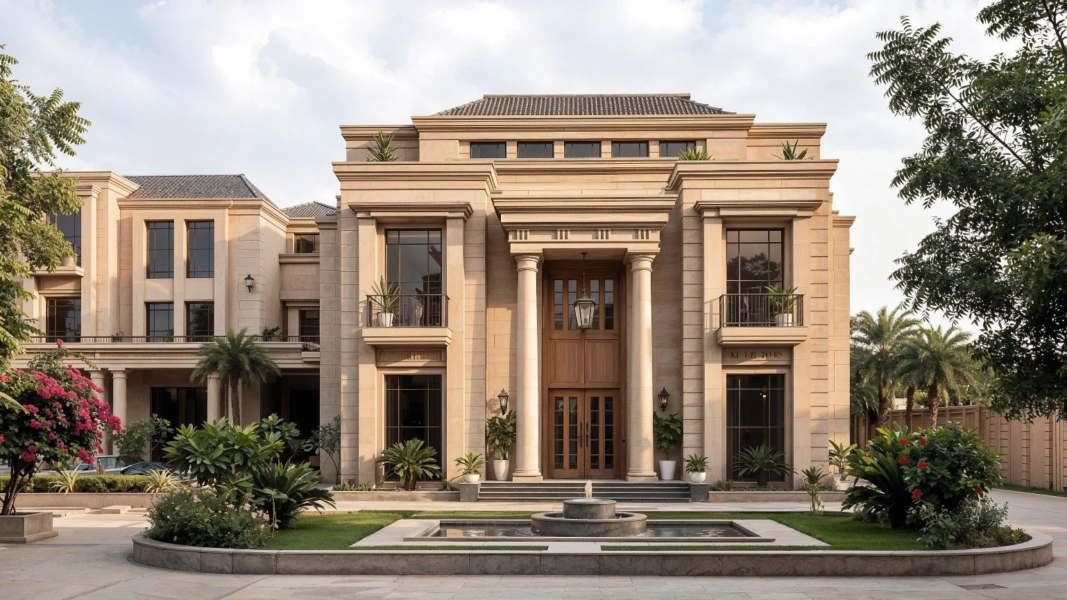 Luxury mansion with grand entrance and landscaped garden with fountain
