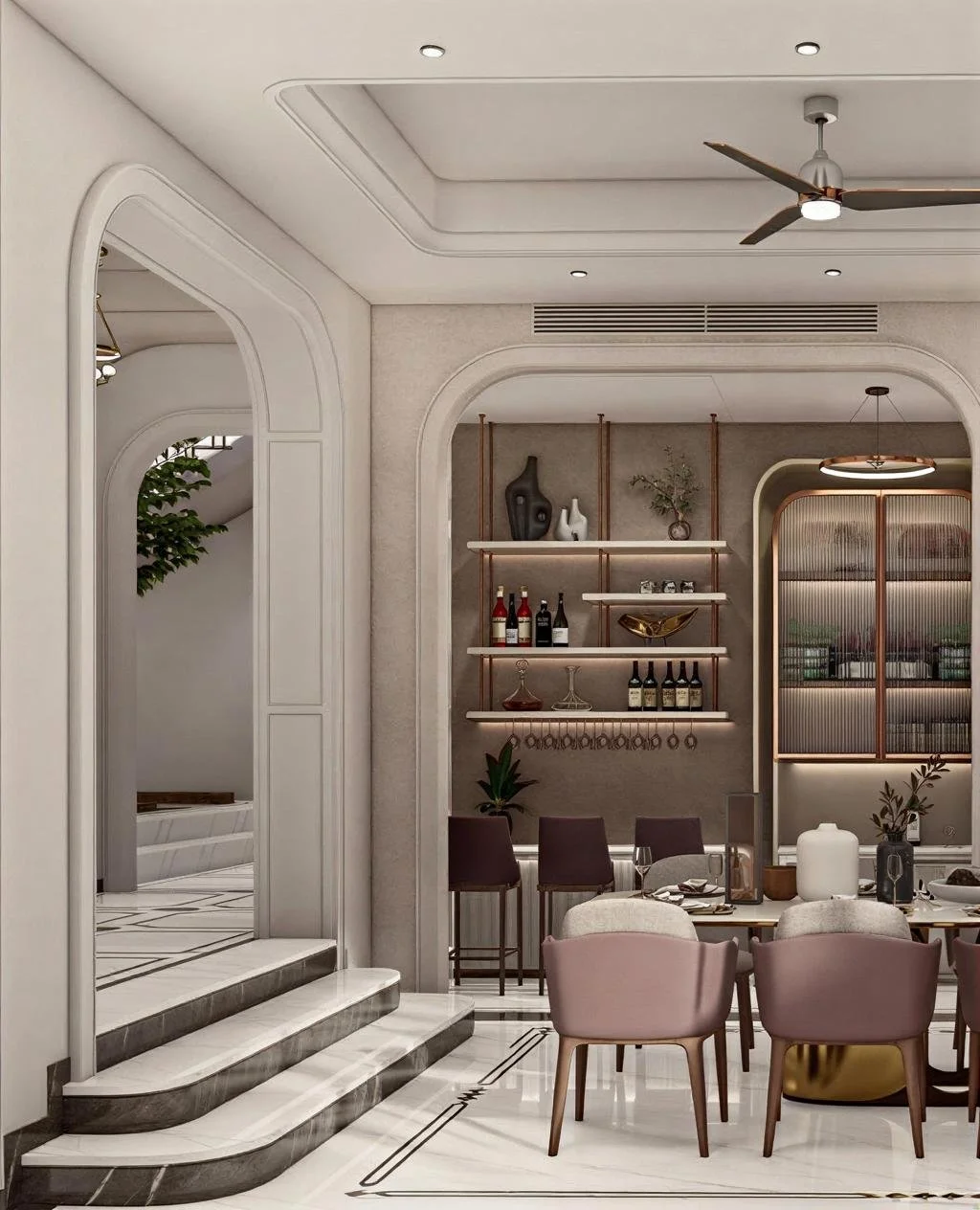 Elegant dining room with modern decor, featuring a dining table with chairs, decorative shelves with wine bottles, vases, and artwork, a ceiling fan, and stylish lighting.