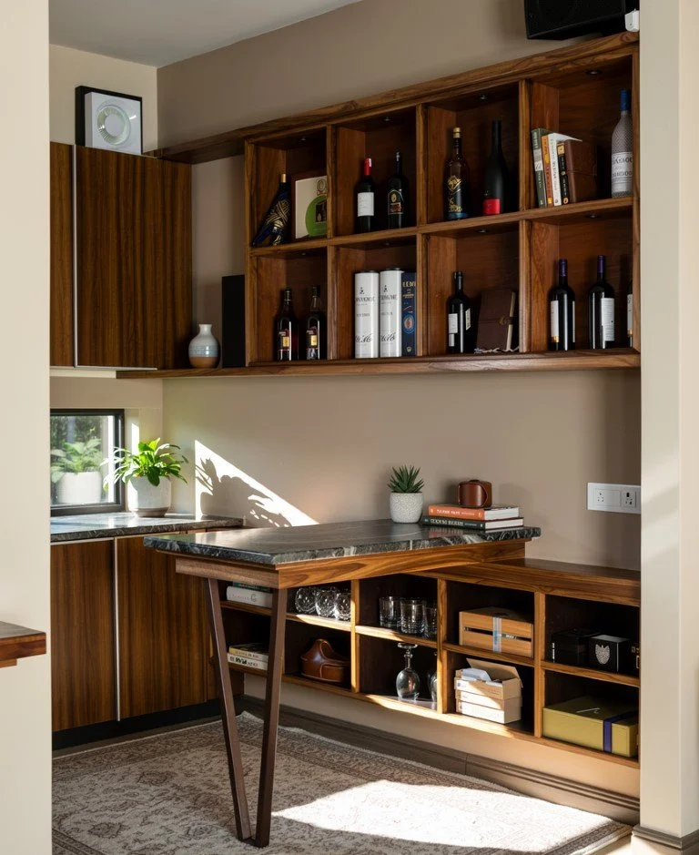 Wooden bar or wine cabinet with bottles of wine and liquor, some books, decorative items, and a small potted plant, situated in a cozy room with a window and a rug.