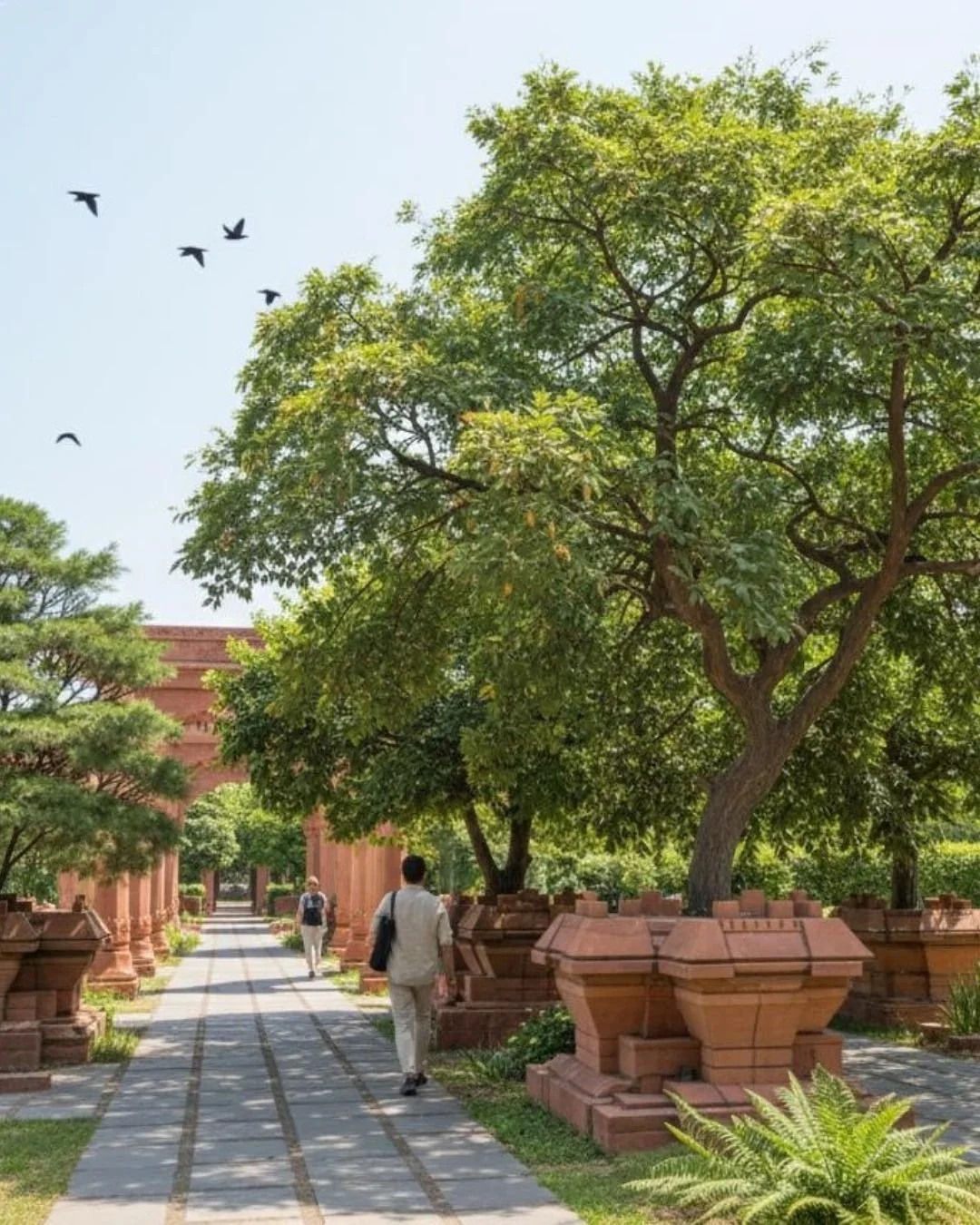 People walking along a paved pathway in a park with large trees and red stone architectural structures, under a clear sky with birds flying.