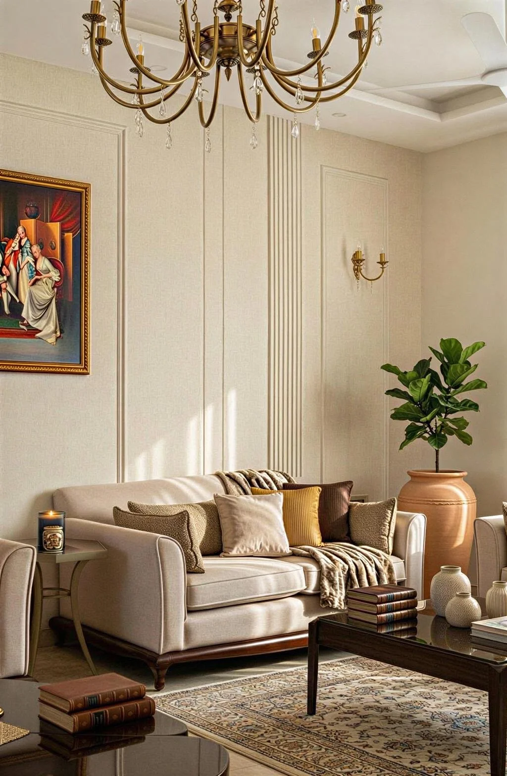 Elegant living room with beige couch, multiple pillows, a large potted plant, paintings, books, and a chandelier.
