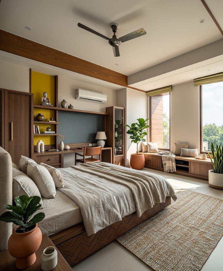 A modern bedroom with a large bed, beige bedding and pillows, a wooden desk with a chair, and a window seat with cushions. The room features wooden cabinetry, open shelves with decorative items, and large windows with yellow shades, letting in natura