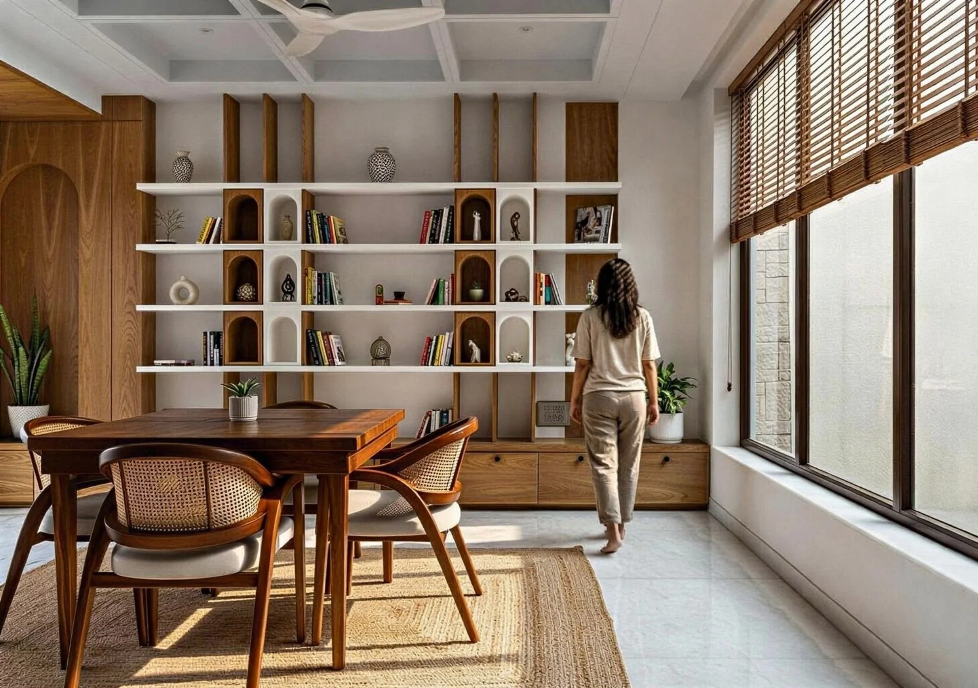 A woman walking in a modern living room with a large window, wooden built-in shelving with decorative items and books, a wooden dining table with chairs, a potted plant on the table, and a beige rug.