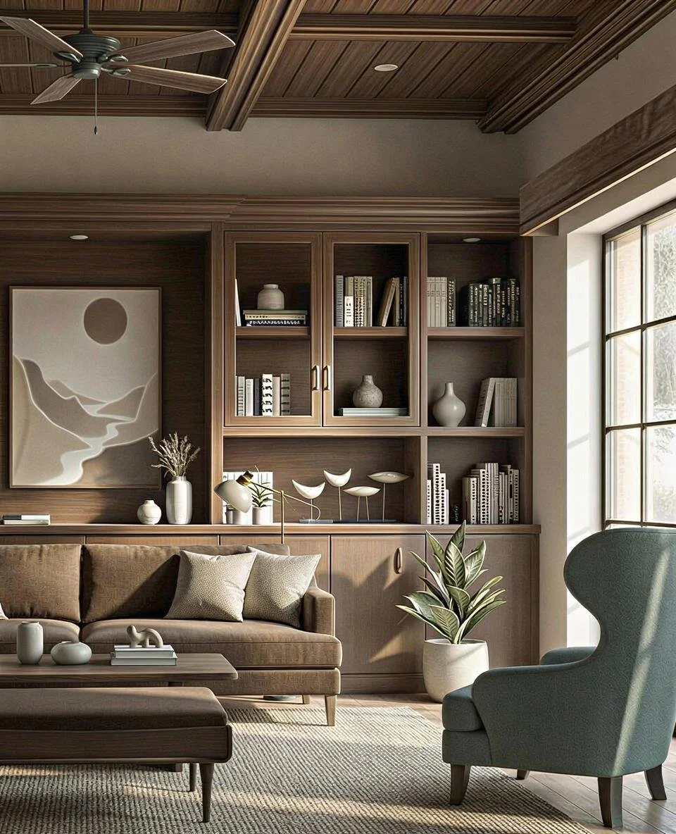 A cozy living room decorated with wooden built-in shelves filled with books and vases, a beige sofa with pillows, a potted plant, a blue armchair, a wooden coffee table with decorative objects, and natural sunlight streaming through a large window.