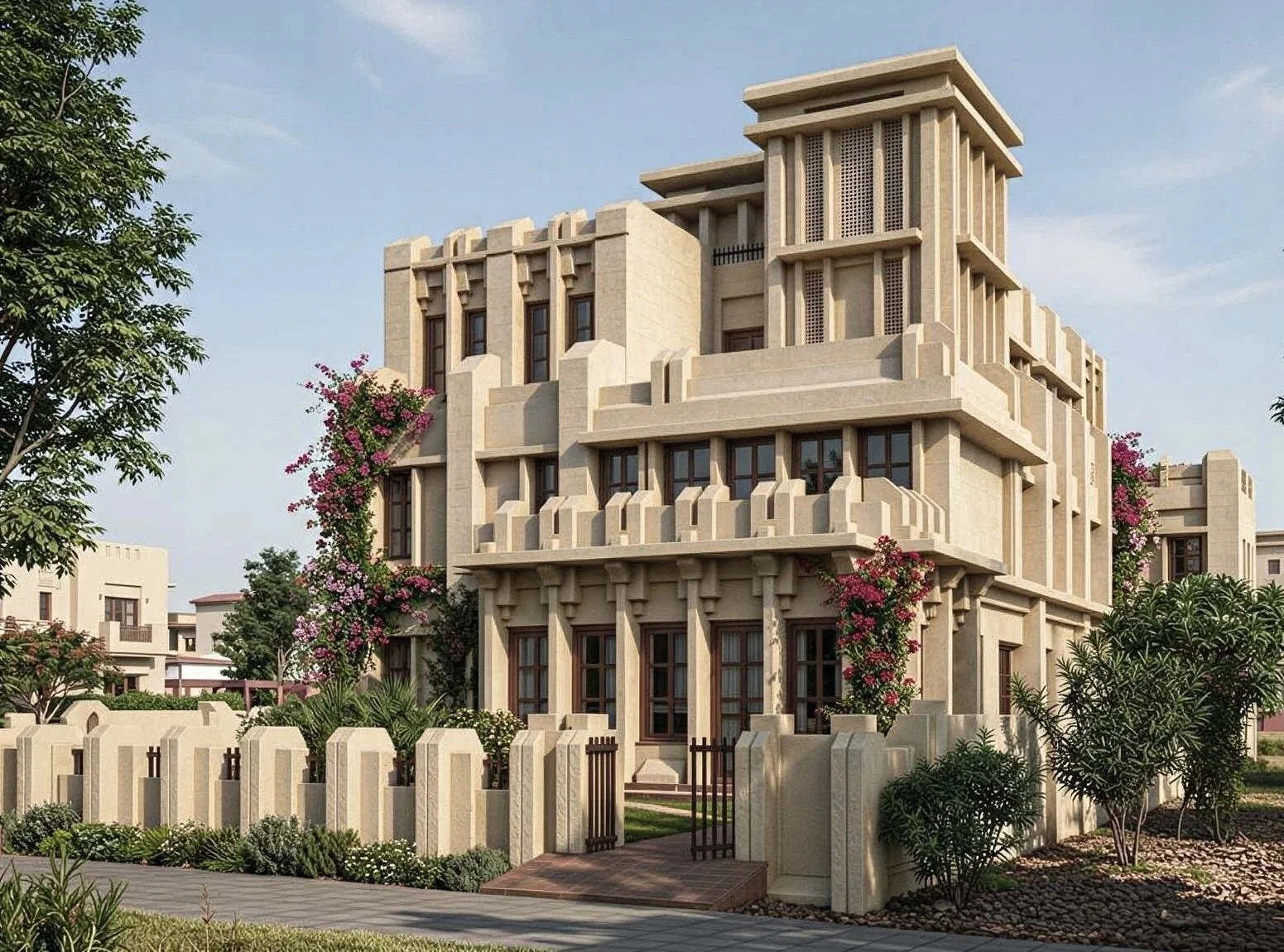 A large, modern multi-story house with beige stone exterior, surrounded by a garden with trees, bushes, and flowering plants. The house features multiple windows and a decorative fence in the front yard.